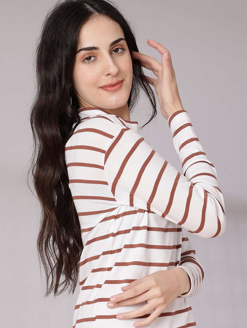 women striped mock neck long sleeve t-shirt - 21982589 -  Standard Image - 1