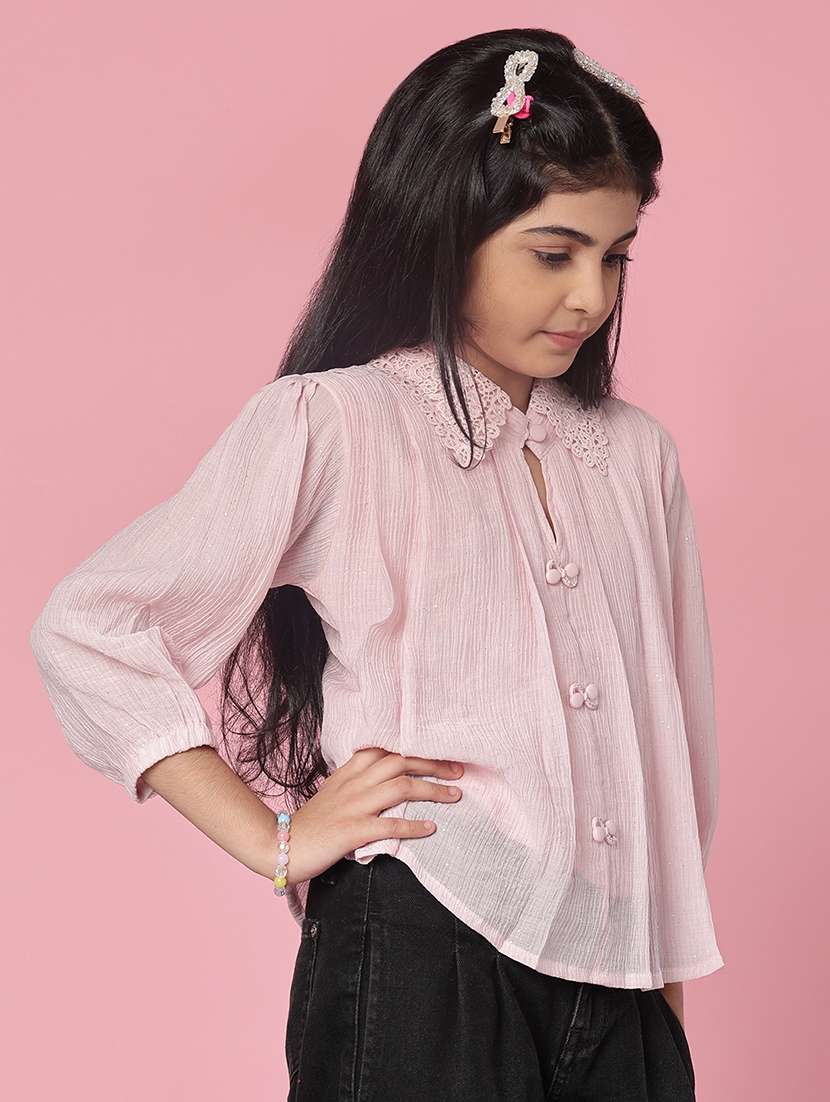 girls solid collared puff sleeve top - 21982701 -  Standard Image - 1