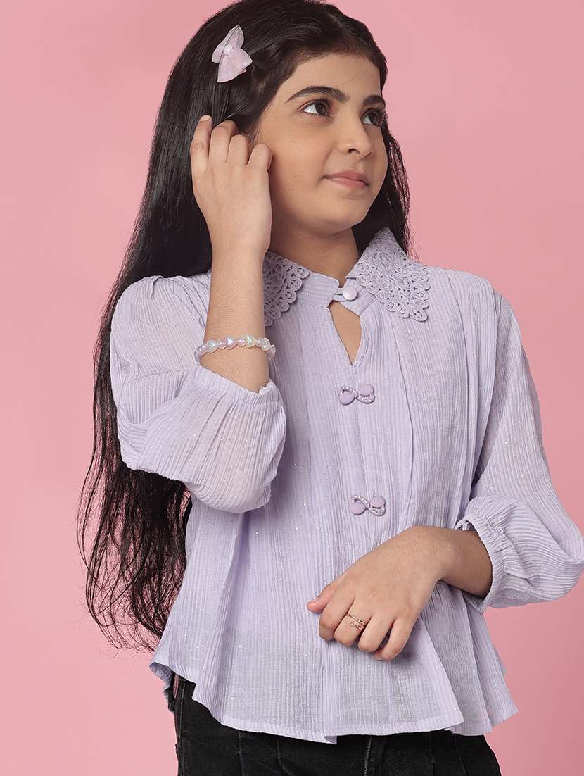 girls solid collared puff sleeve top - 21982702 -  Standard Image - 1