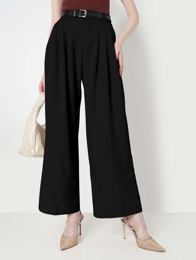 women solid high rise pleated korean pants 