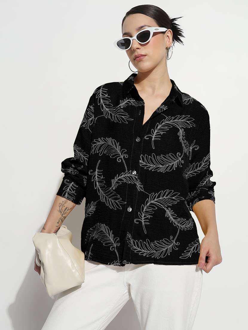women embroidered long sleeve relaxed fit shirt