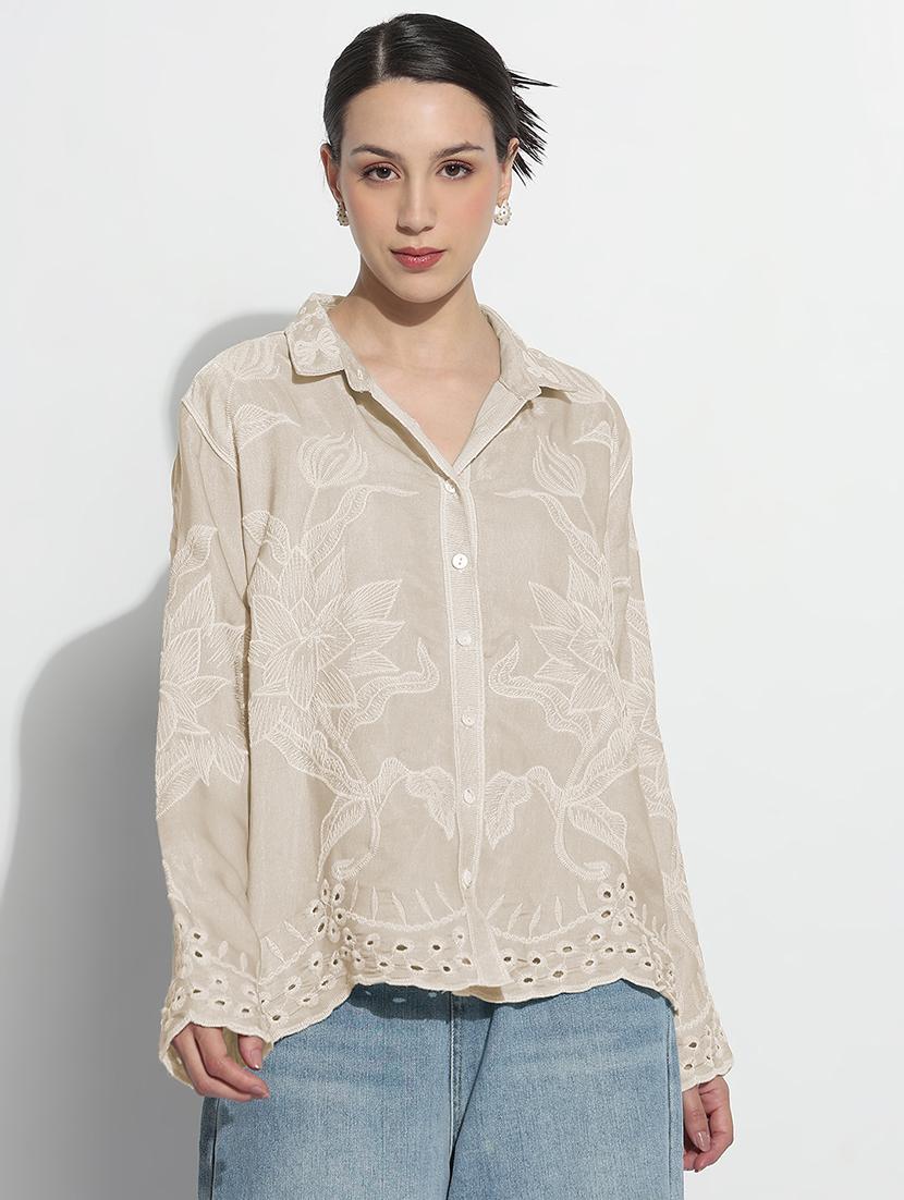 women embroidered long sleeve relaxed fit shirt - 21982938 - Standard Image - 1