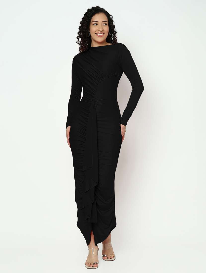 women black solid long sleeve ruched maxi dress - 21982956 -  Zoom Image - 0
