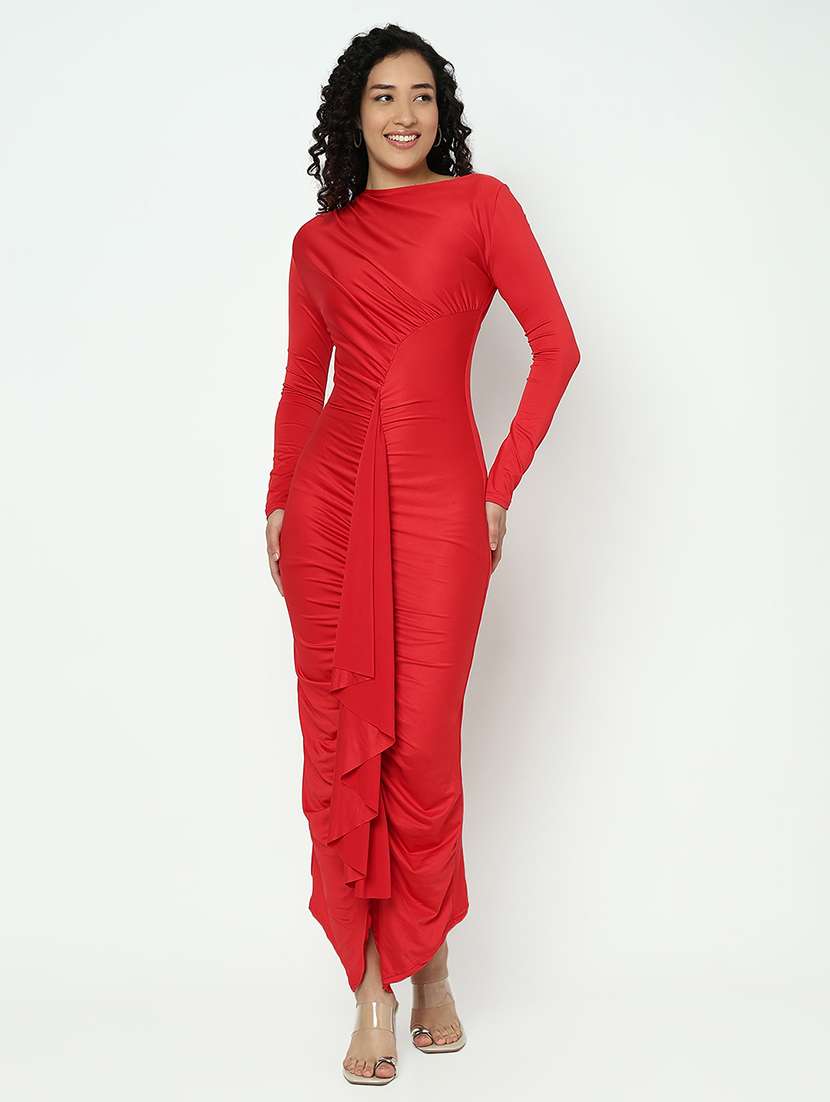 women red solid long sleevev ruched maxi dress - 21982957 - Zoom Image - 0