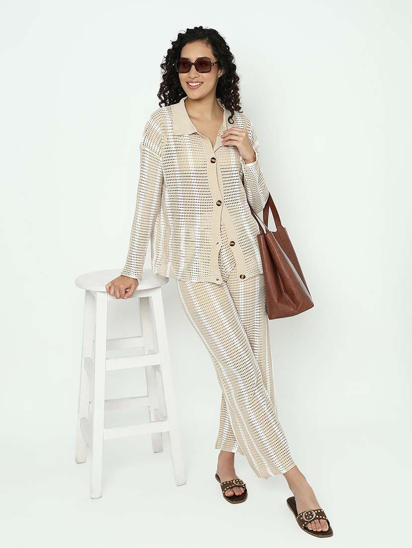 beige cotton blend shirt and trouser set coord