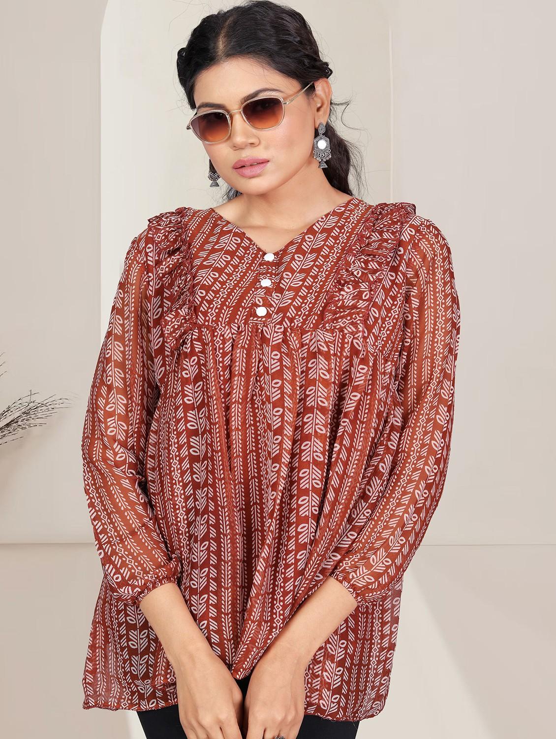 women maroon printed long sleeve peplum top - 21982984 - Standard Image - 1