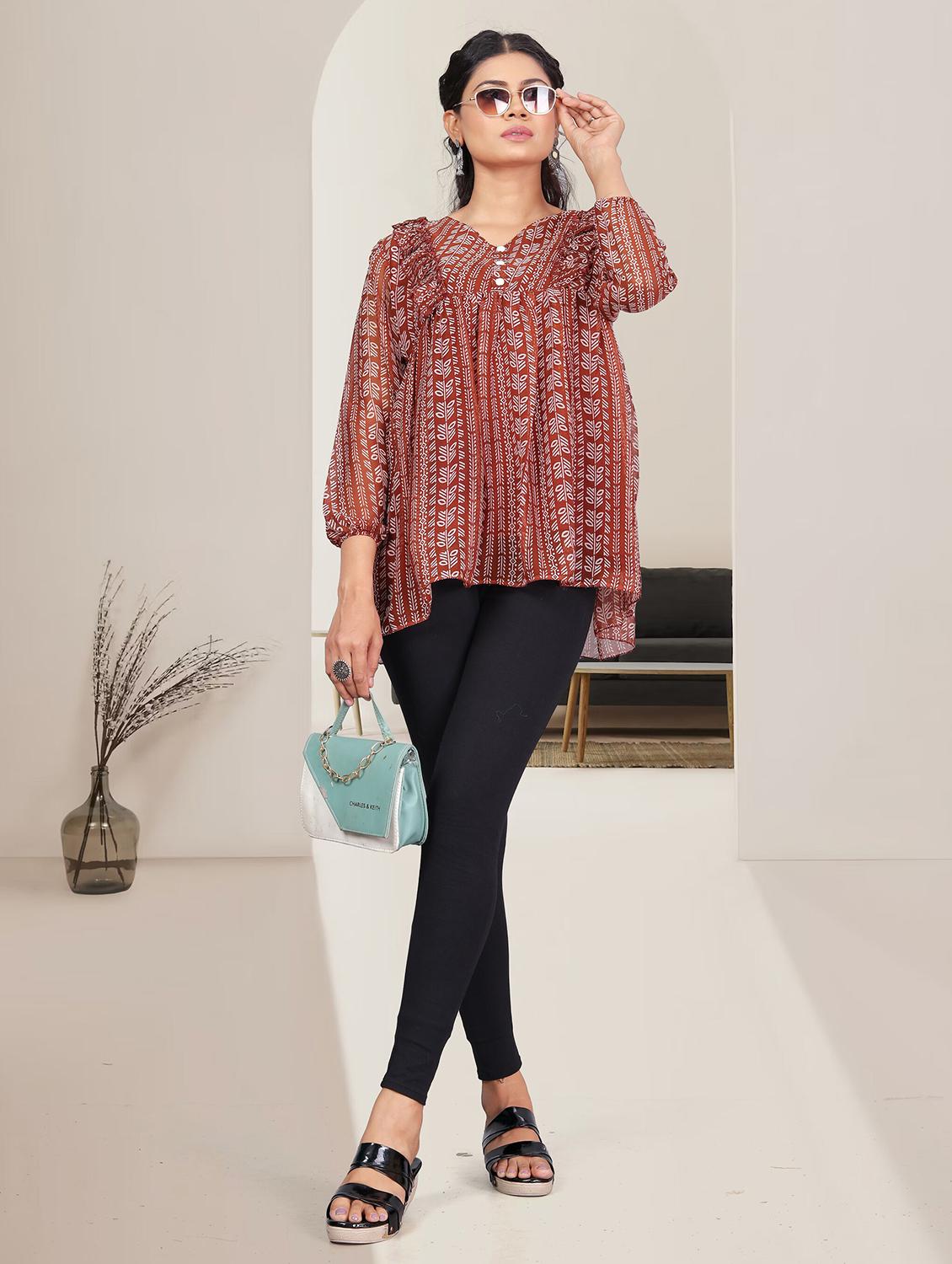 women maroon printed long sleeve peplum top - 21982984 - Standard Image - 4