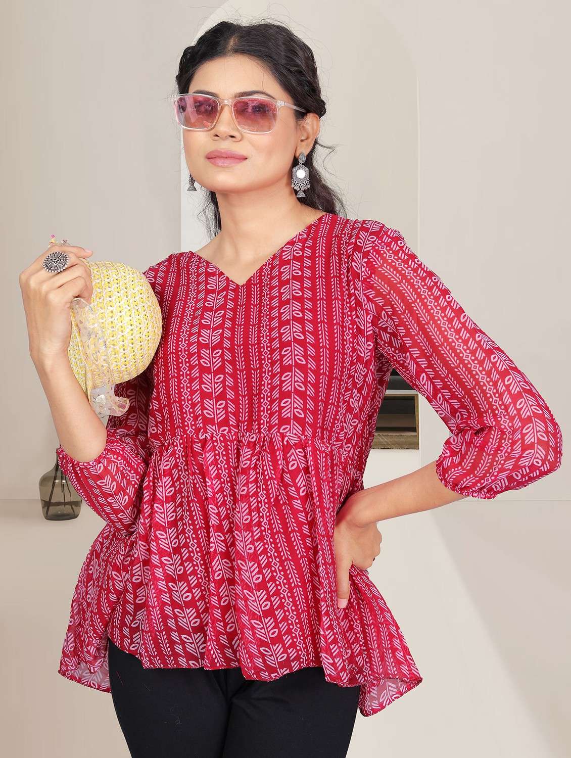 women pink printed long sleeve peplum top - 21982985 - Standard Image - 1