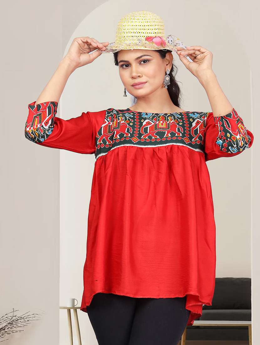 women printed three quarter sleeve ethnic top - 21982986 -  Standard Image - 1