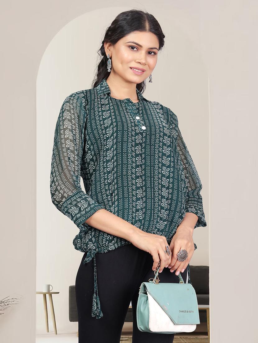 women printed three quarter sleeve collared top - 21982992 - Standard Image - 1