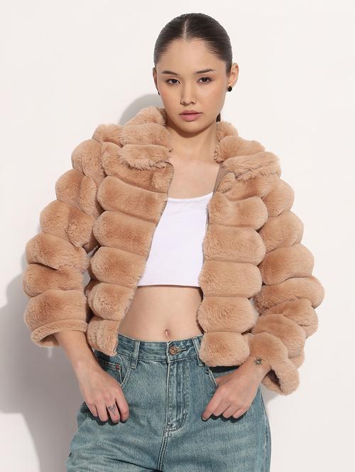 women solid long sleeve fur jacket - 21982993 -  Standard Image - 0