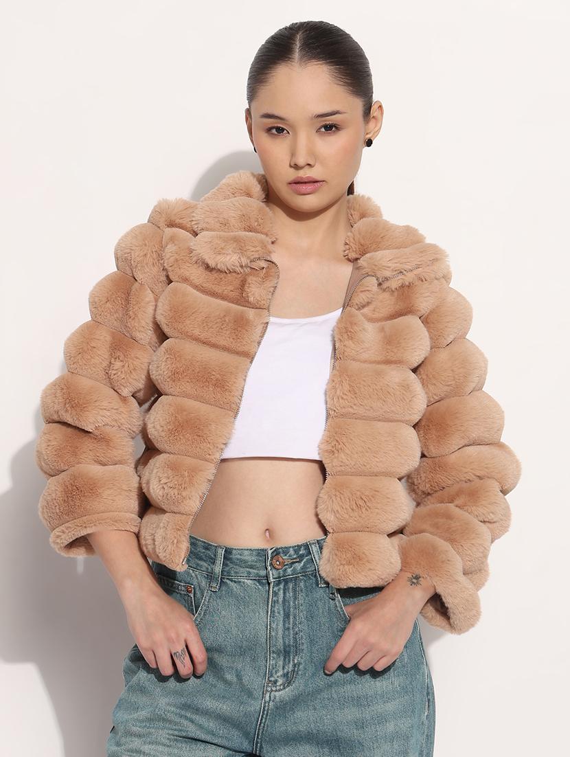 women solid long sleeve fur jacket - 21982993 -  Zoom Image - 0