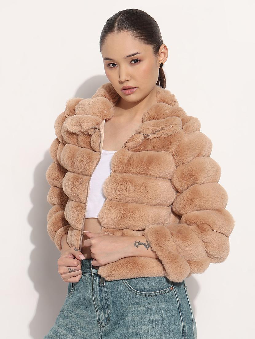 women solid long sleeve fur jacket - 21982993 -  Standard Image - 1