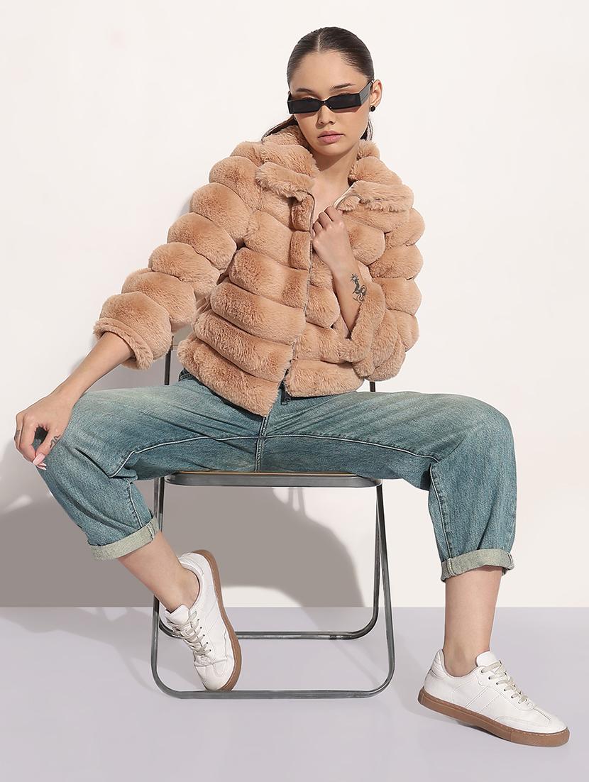 women solid long sleeve fur jacket - 21982993 - Standard Image - 4