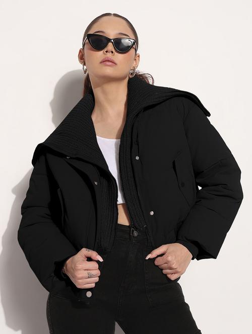 women solid collared long sleeve puffer jacket - 21982994 -  Standard Image - 0
