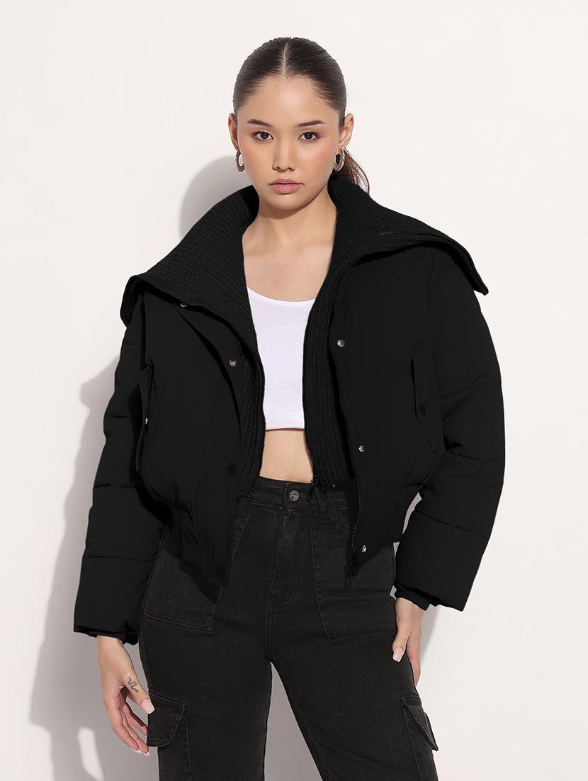 women solid collared long sleeve puffer jacket - 21982994 - Standard Image - 1