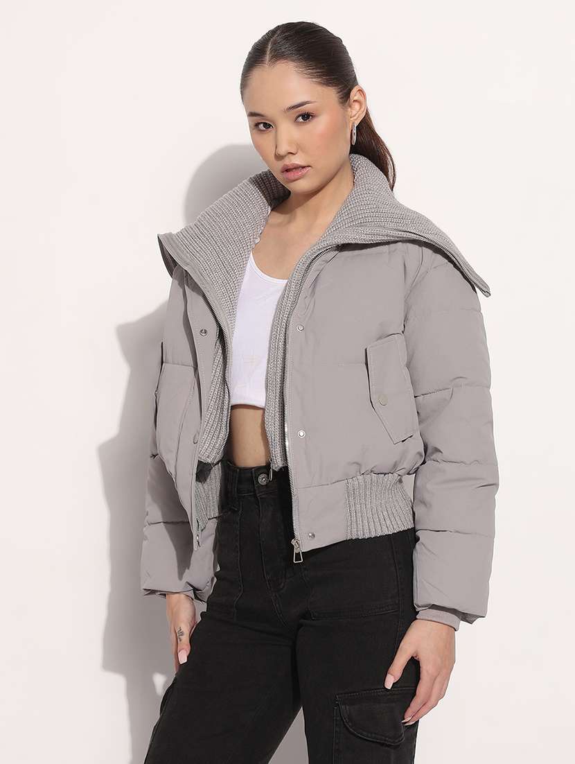 women solid collared long sleeve puffer jacket - 21982995 -  Standard Image - 1