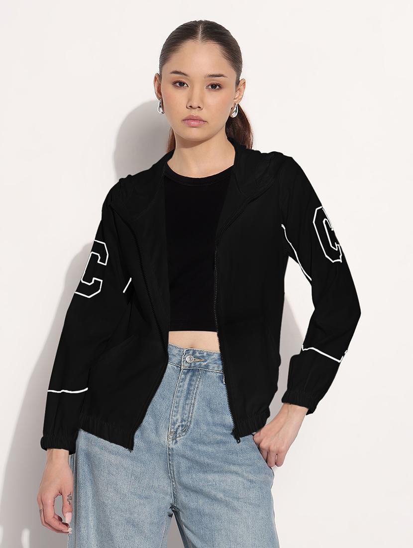 women black printed long sleeve hooded jacket - 21982999 - Standard Image - 1
