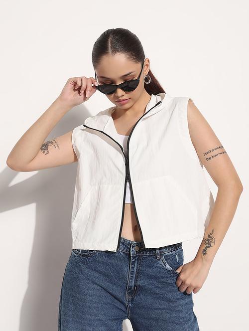 women white solid sleeveless hooded biker jacket - 21983001 -  Standard Image - 0