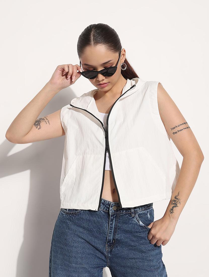 women white solid sleeveless hooded biker jacket - 21983001 -  Zoom Image - 0