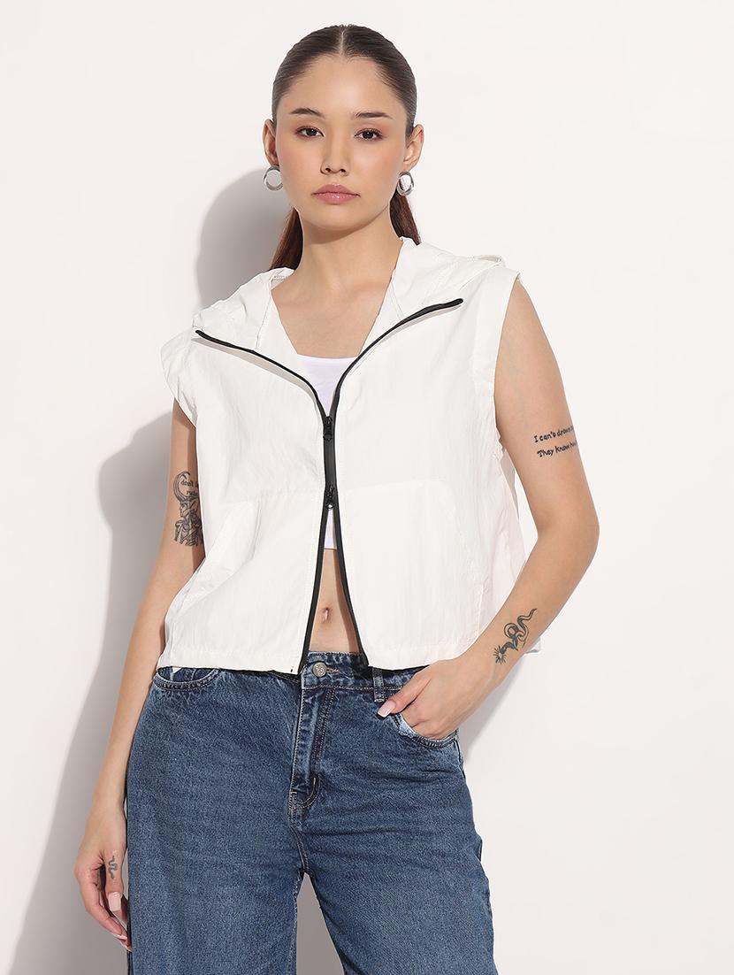 women white solid sleeveless hooded biker jacket - 21983001 -  Standard Image - 1