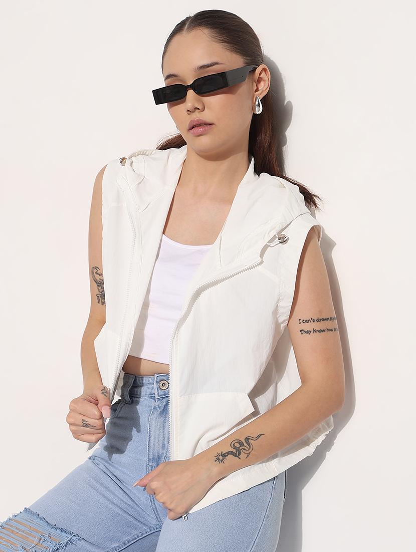 women white solid sleeveless hooded jacket - 21983002 -  Zoom Image - 0