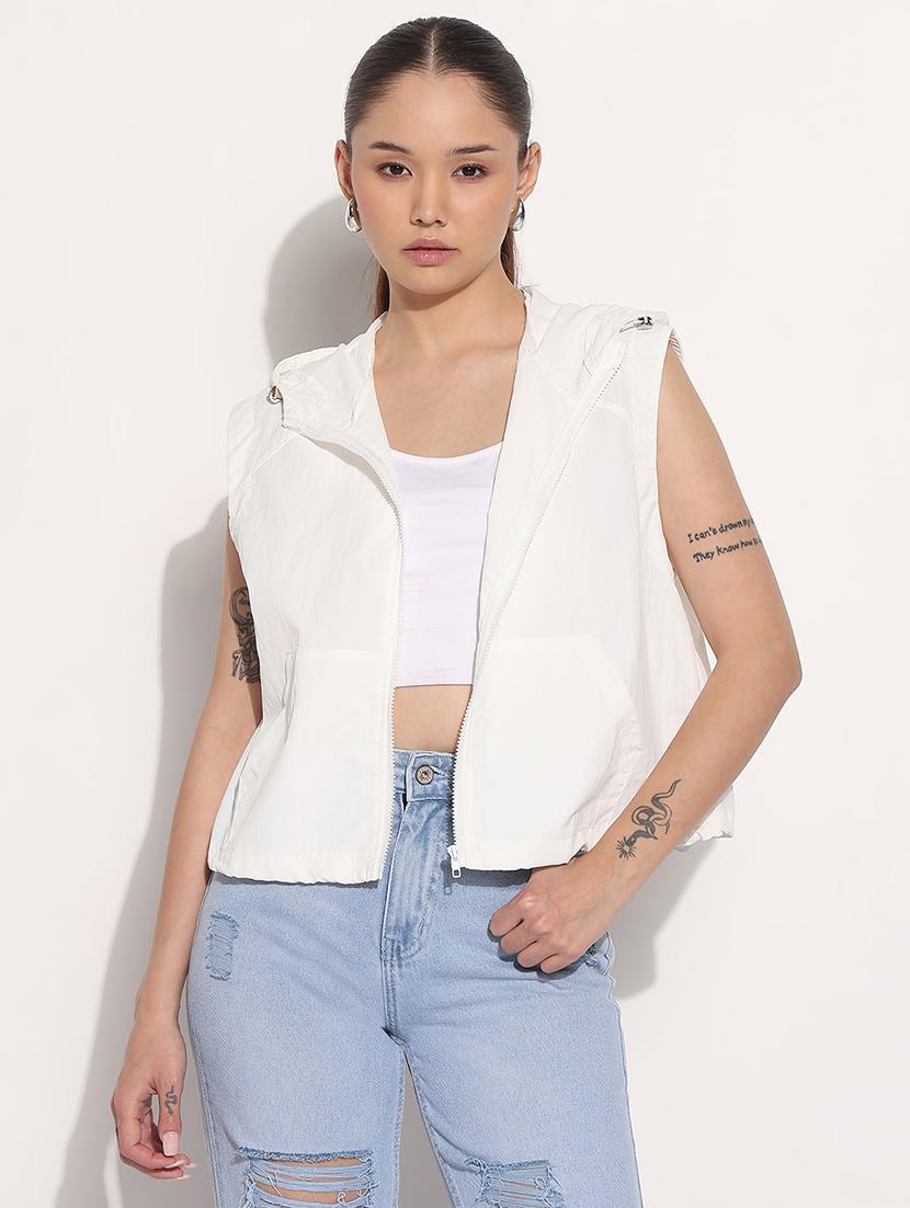 women white solid sleeveless hooded jacket - 21983002 - Standard Image - 1