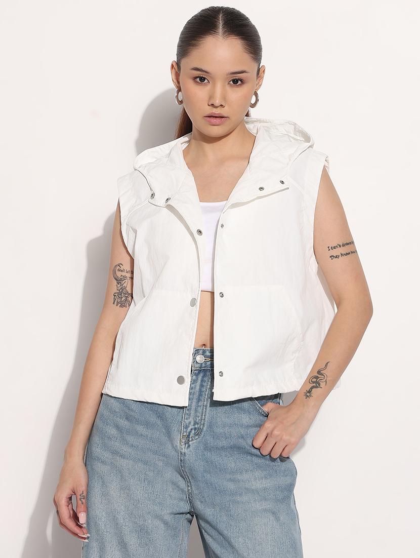 women white solid sleeveless hooded jacket