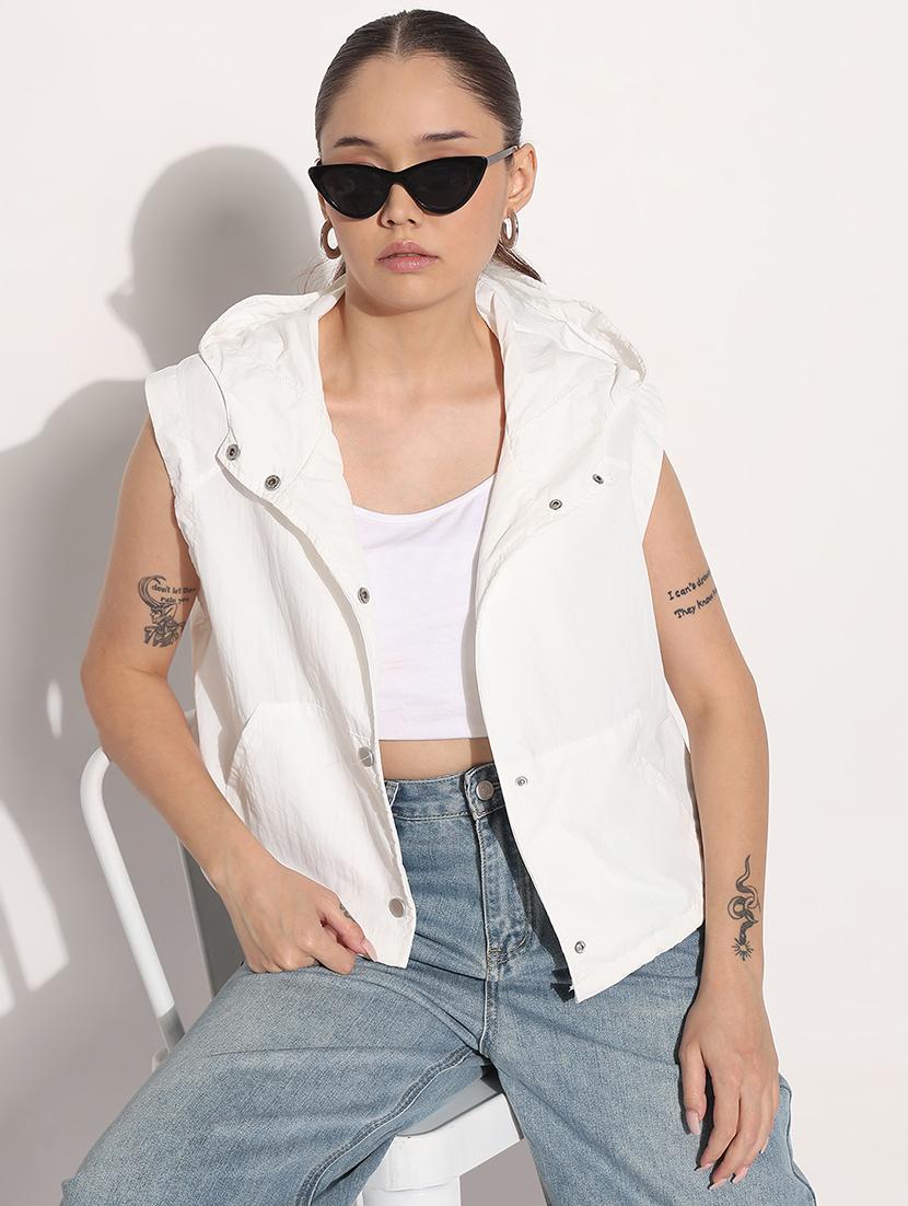 women white solid sleeveless hooded jacket - 21983003 - Standard Image - 1
