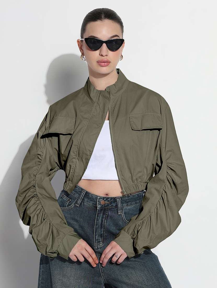 women olive solid long sleeve crop jacket