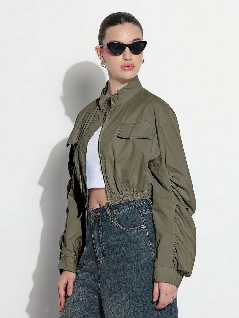women olive solid long sleeve crop jacket - 21983006 - Standard Image - 1