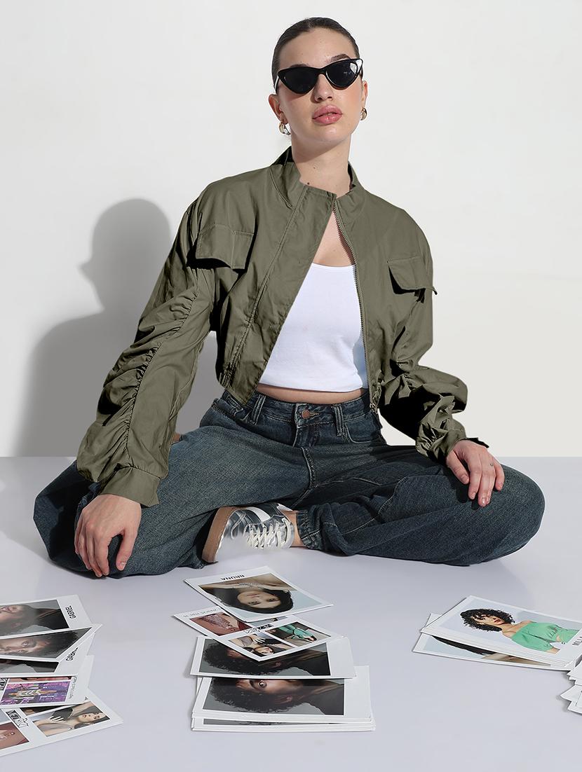 women olive solid long sleeve crop jacket - 21983006 - Standard Image - 4