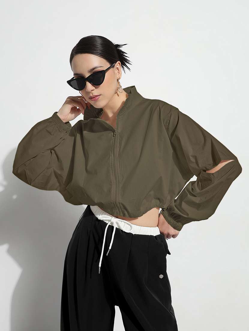 women solid long sleeve collared crop jacket