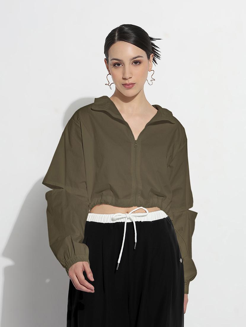 women solid long sleeve collared crop jacket - 21983007 - Standard Image - 1