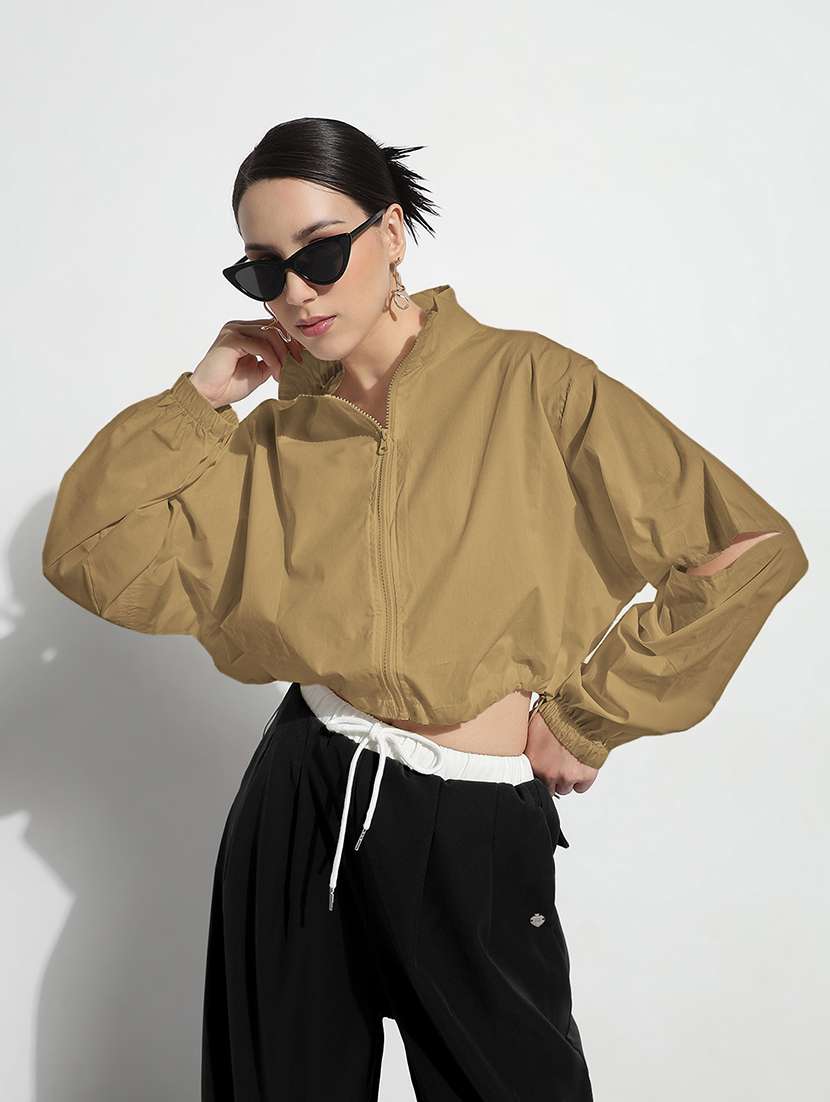 women solid long sleeve stand collar crop jacket