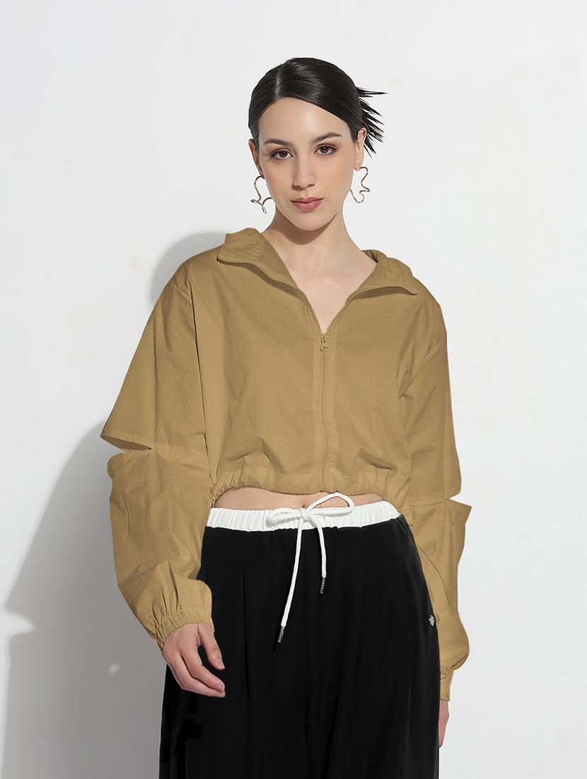 women solid long sleeve stand collar crop jacket - 21983008 - Standard Image - 1