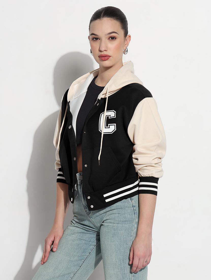 women color blocked hooded crop varsity jacket - 21983010 -  Standard Image - 1