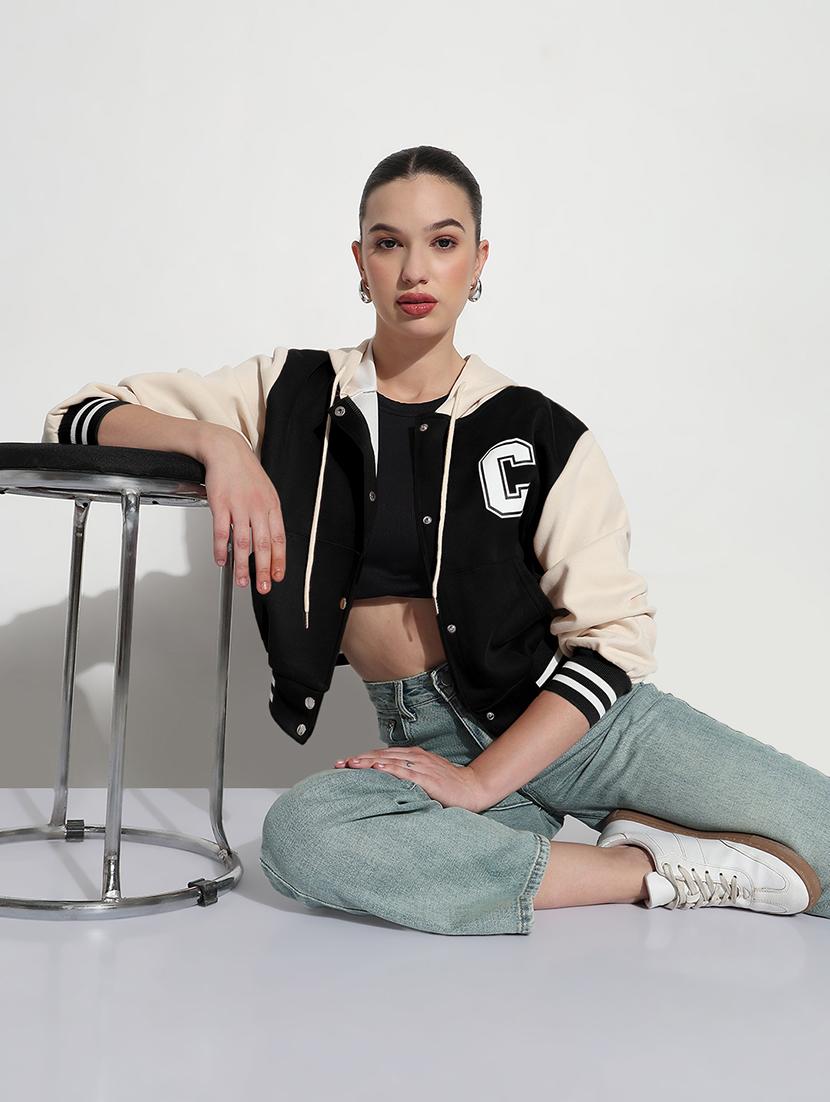 women color blocked hooded crop varsity jacket - 21983010 - Standard Image - 4