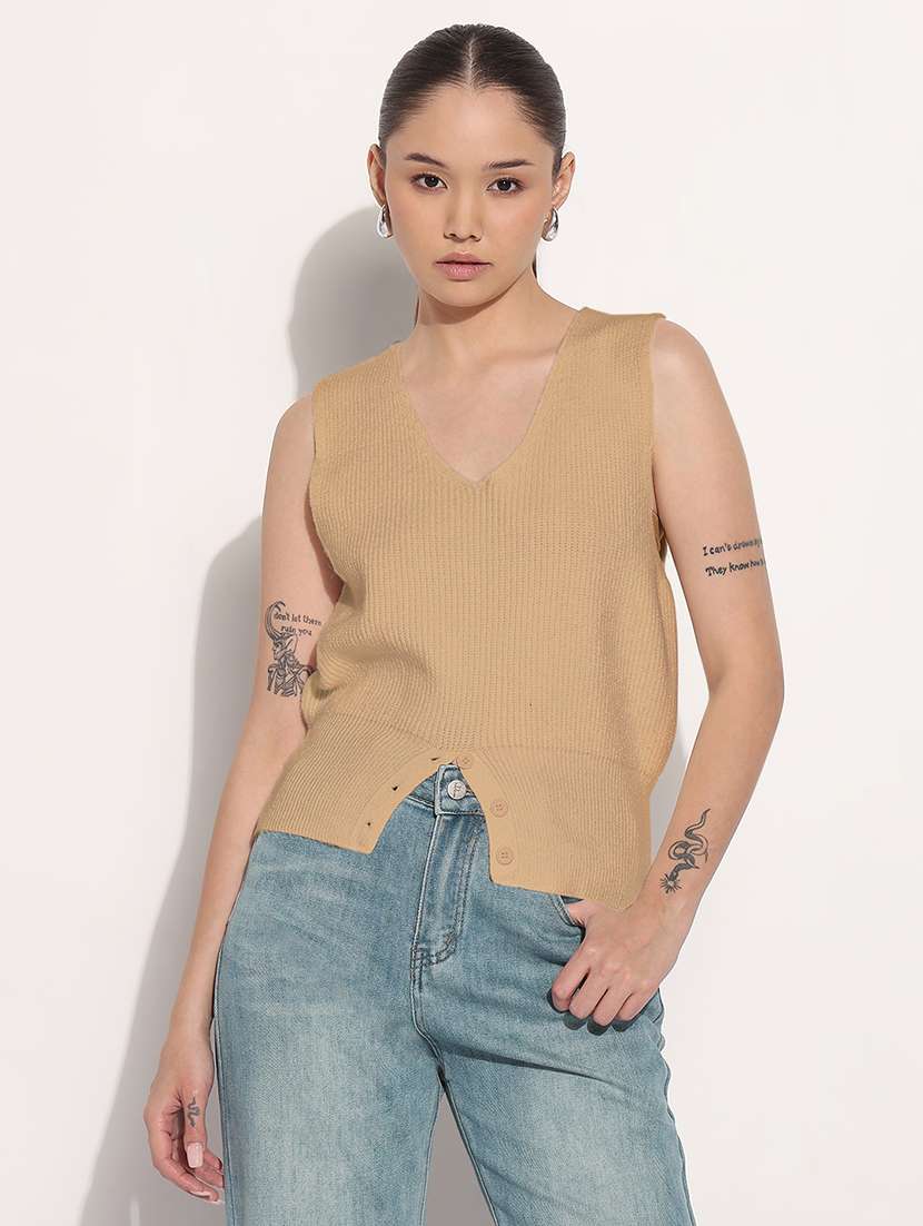 women beige solid sleeveless knitted top - 21983015 -  Standard Image - 1