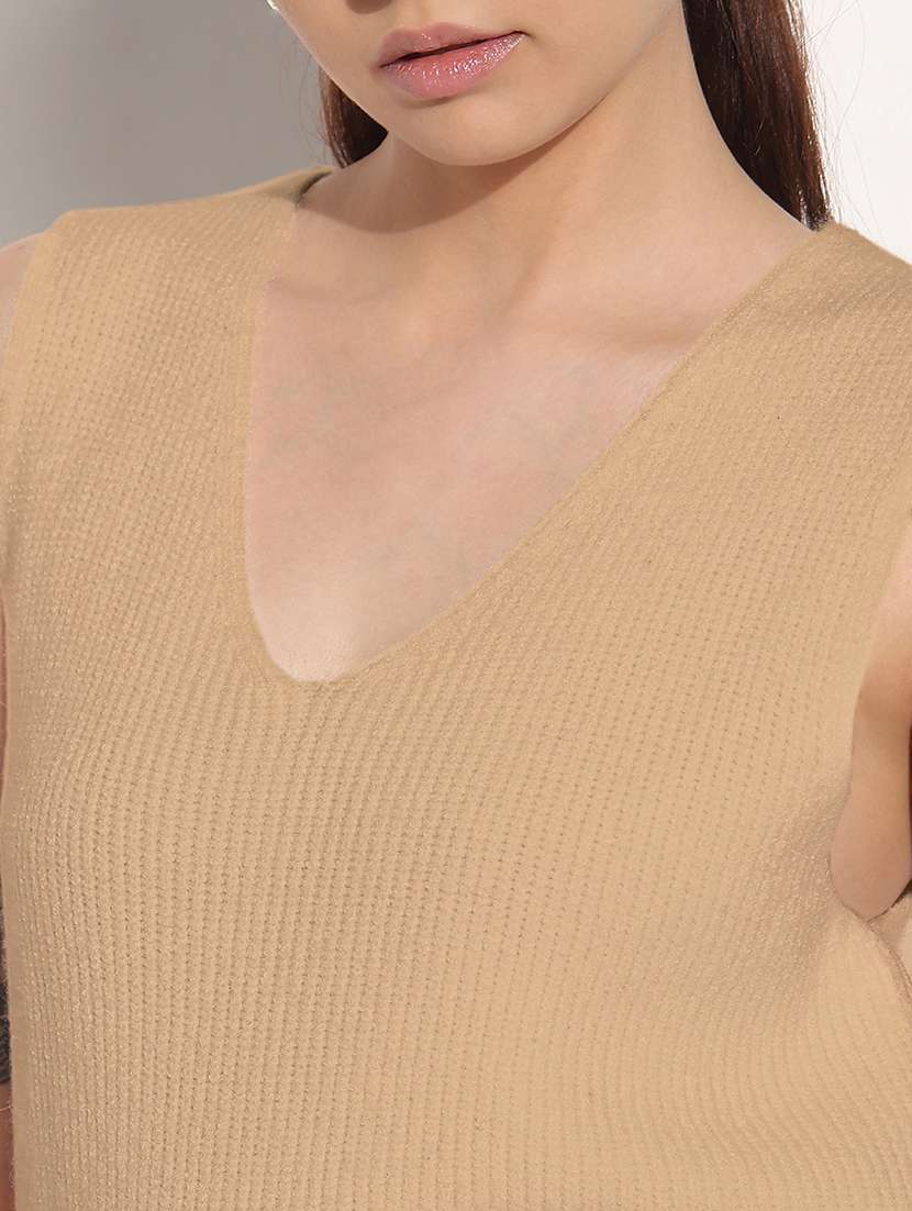 women beige solid sleeveless knitted top - 21983015 -  Standard Image - 4