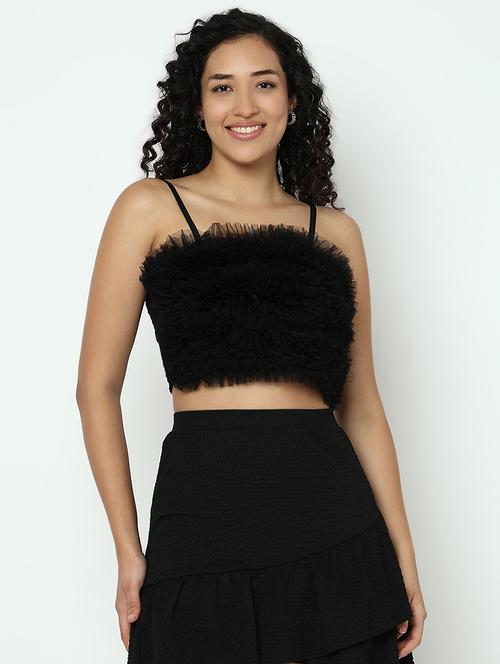 women black solid shoulder strap crop top - 21983019 -  Standard Image - 0
