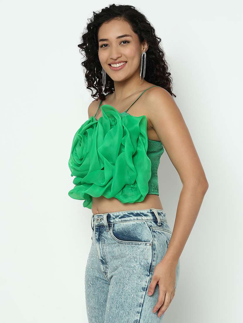 women green solid shoulder strap crop top - 21983020 -  Standard Image - 1