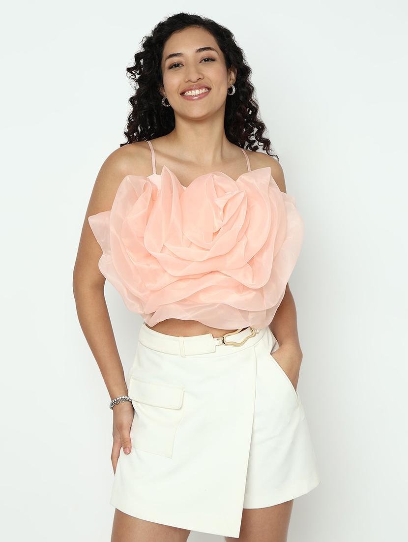 women peach solid shoulder strap crop top - 21983021 -  Standard Image - 1