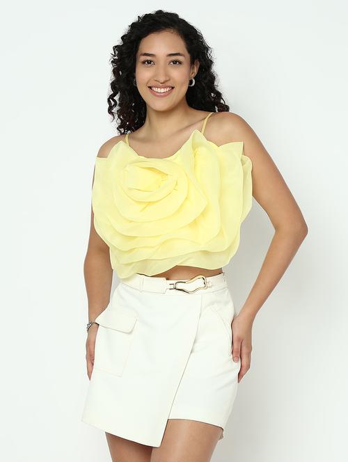 women yellow solid shoulder strap crop top - 21983022 -  Standard Image - 0