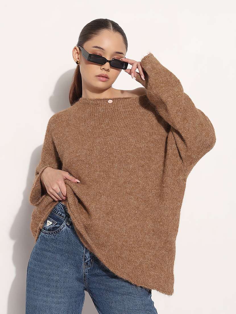 women solid long sleeve loose fit pullover