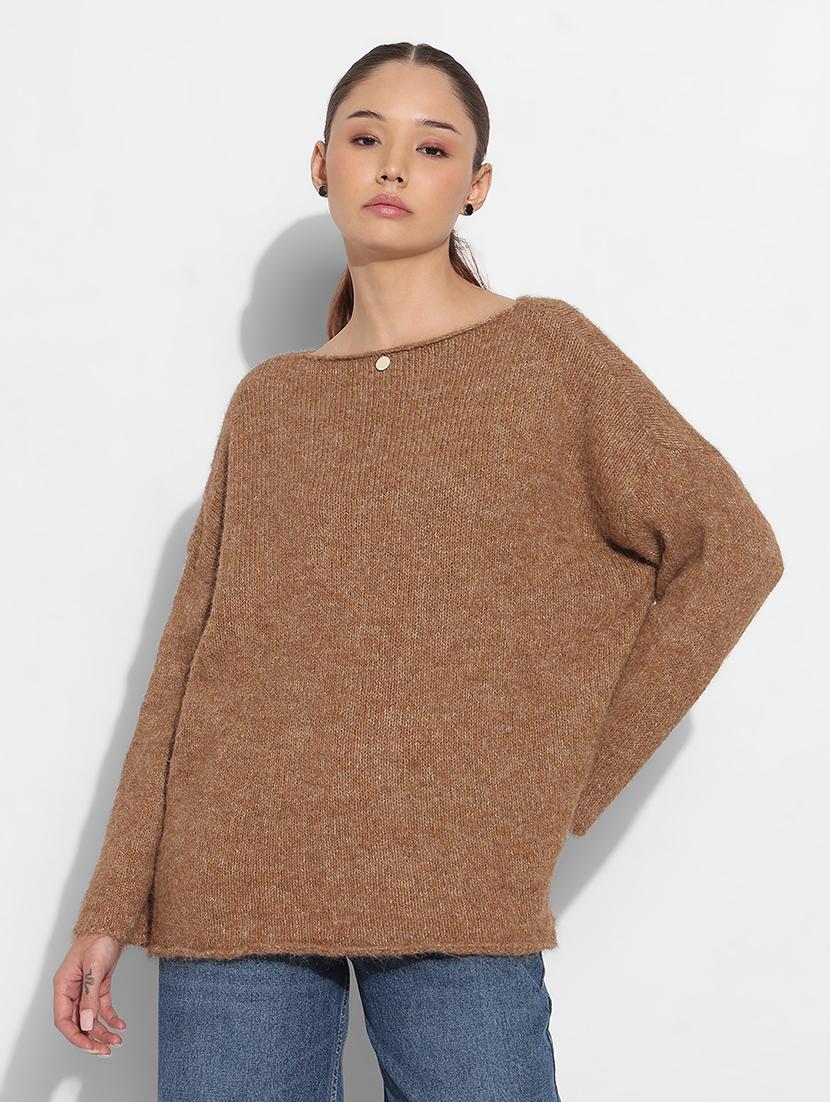 women solid long sleeve loose fit pullover - 21983023 - Standard Image - 1