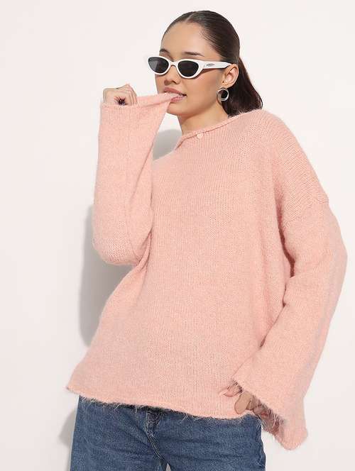 women pink solid long sleeve loose fit pullover - 21983024 - Standard Image - 0
