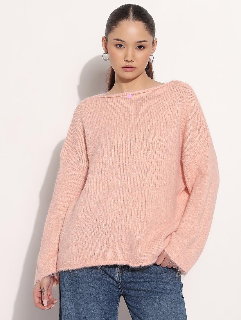 women pink solid long sleeve loose fit pullover - 21983024 -  Standard Image - 1