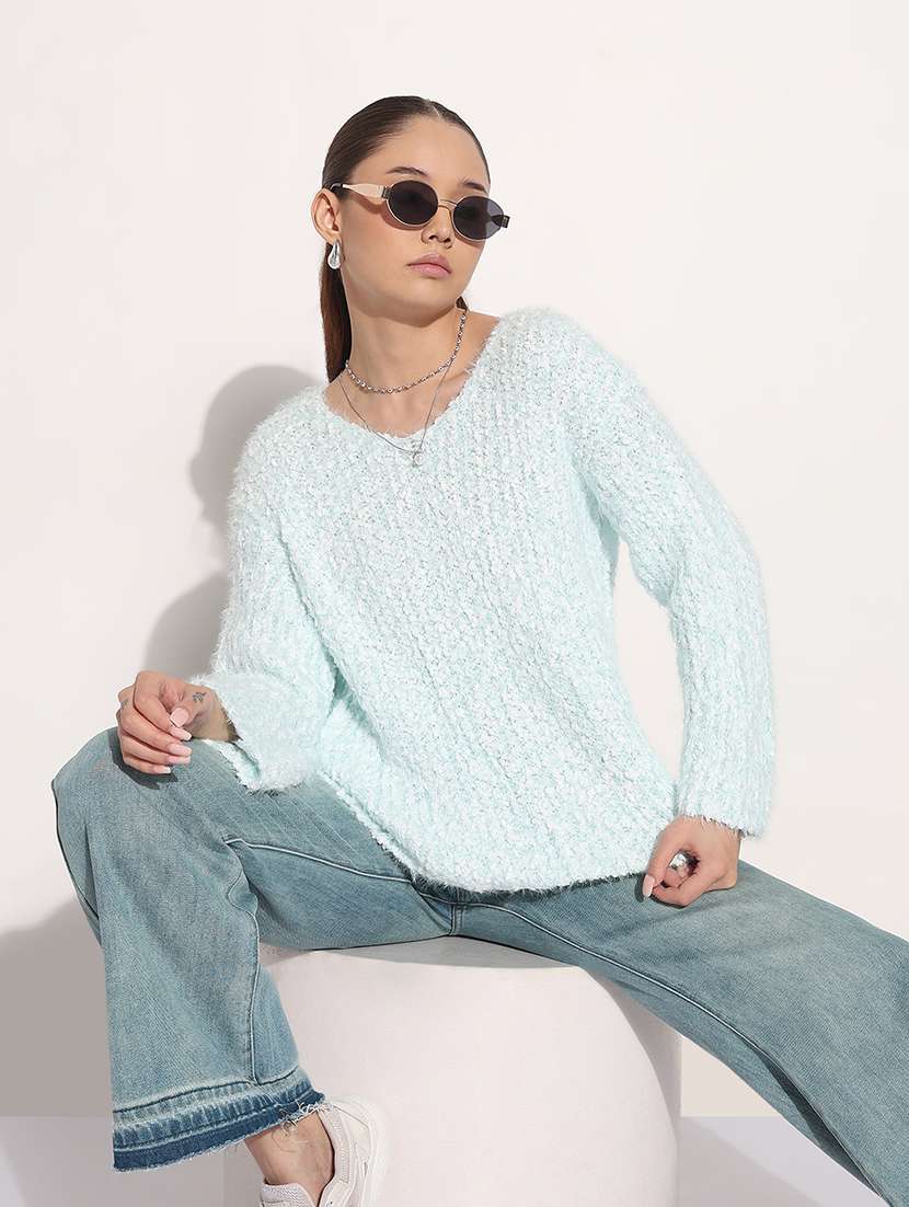 women light blue solid long sleeve loose fit pullover