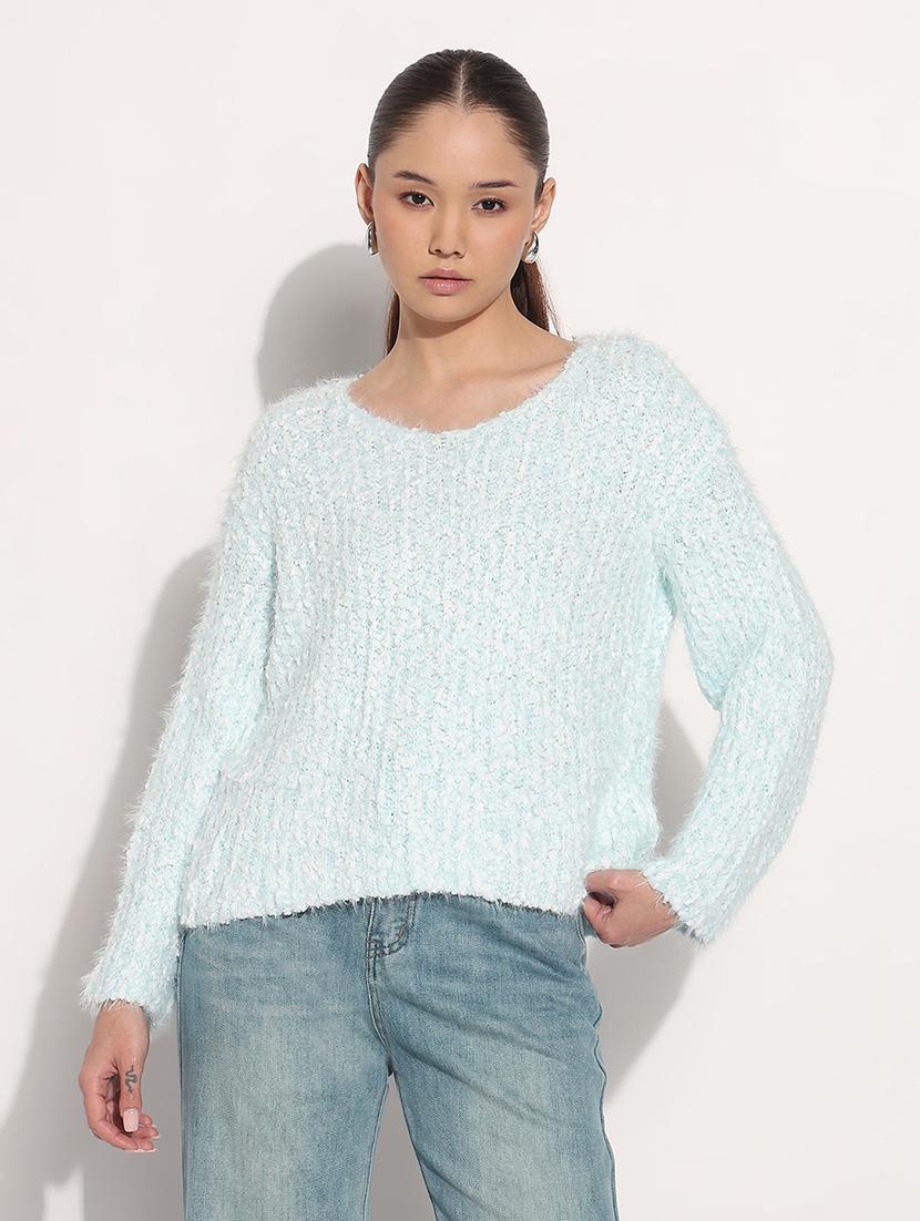 women light blue solid long sleeve loose fit pullover - 21983025 - Standard Image - 1